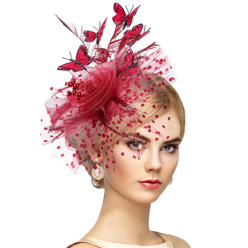 Zinniday Red Monarch Butterfly Fascinator - 1920s 50s Feather Flower Tea Party Hats for Women Tea Lady Girls Party Attire Derby Headwear, Vintage Elegant Kentucky Hat 2026 with Hair Clip - Image 1