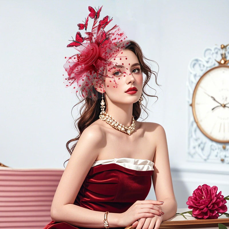 Zinniday Red Monarch Butterfly Fascinator - 1920s 50s Feather Flower Tea Party Hats for Women Tea Lady Girls Party Attire Derby Headwear, Vintage Elegant Kentucky Hat 2026 with Hair Clip - Image 2