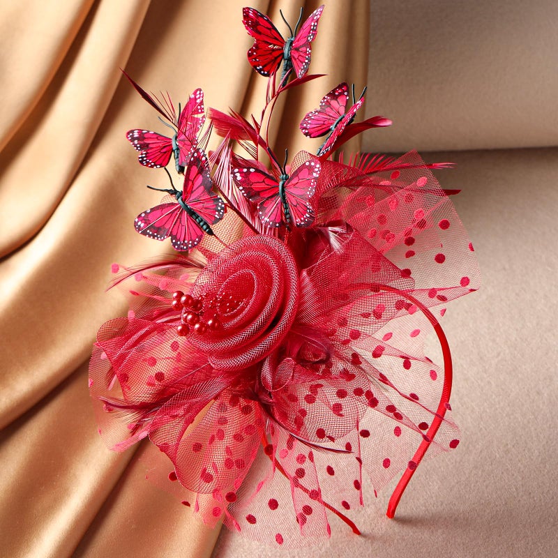 Zinniday Red Monarch Butterfly Fascinator - 1920s 50s Feather Flower Tea Party Hats for Women Tea Lady Girls Party Attire Derby Headwear, Vintage Elegant Kentucky Hat 2026 with Hair Clip - Image 3
