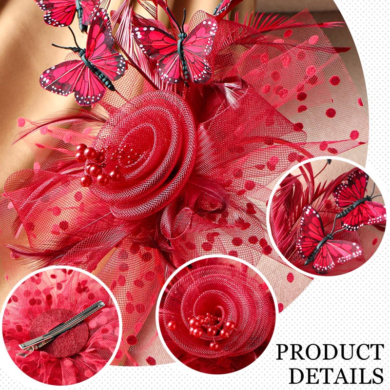 Zinniday Red Monarch Butterfly Fascinator - 1920s 50s Feather Flower Tea Party Hats for Women Tea Lady Girls Party Attire Derby Headwear, Vintage Elegant Kentucky Hat 2026 with Hair Clip - Image 5