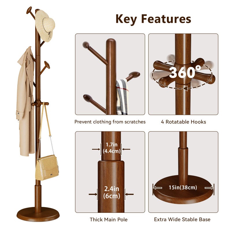 Taitiy Solid Wood Coat Rack Freestanding Coat Tree with 10 Hooks for Bedroom, Livingroom, Entryway, Sturdy Coat Hanger Stand for Hats, Coats, Scarves, Handbags, Purses - Image 4