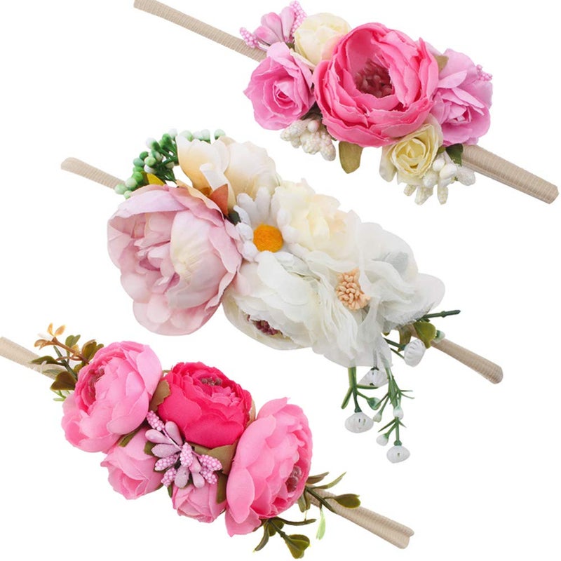 mligril Baby Girl Floral Headbands 3pcs Nylon Headband Handmade Flower Crown Elastic Hairband Newborn Toddler Hair Accessories Gifts for Girls 16 years old