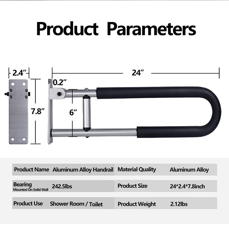 Tuntrol 23.6 inch Foldable Handrail Grab Bars, Wall Mounted Toilet Safety Support for Handicap Elderly Seniors Disabled, Shower Bathroom Accessories… - Image 2