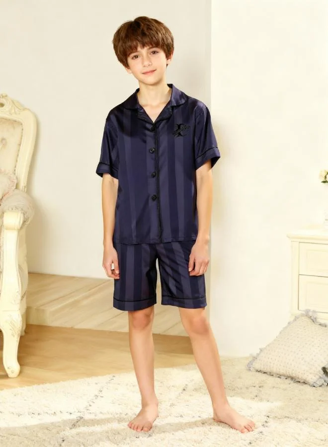 Take Two Boys Navy Blue Striped Shirt and Shorts Pyjama Set
