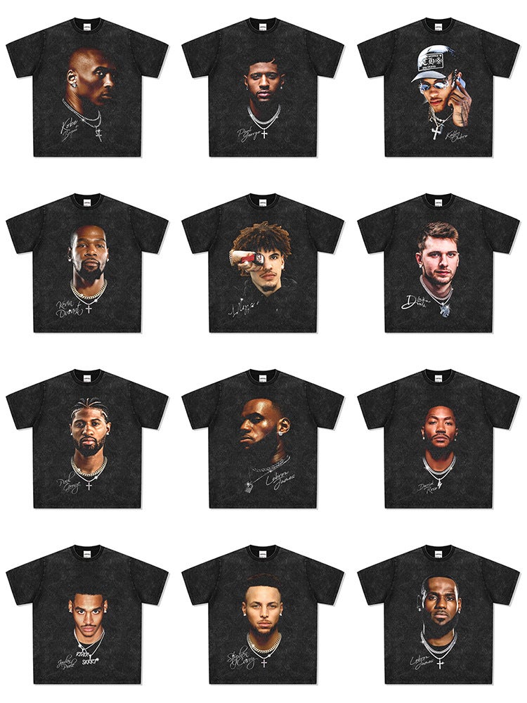 Retro MJ Michael Morant Curry Kobe James Print Vintage Washed Old T-Shirt - Image 2