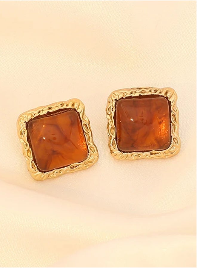 Brown Stone  Stainless Steel Golden Earring
