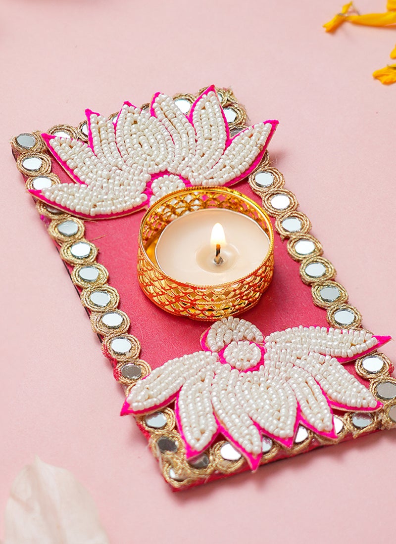 Madhoor Tealight Holder Lotus Mirror Decorative Rangoli Design Pink for Diwali, Pooja & Festive Floor Decor, 1 Piece - Image 2
