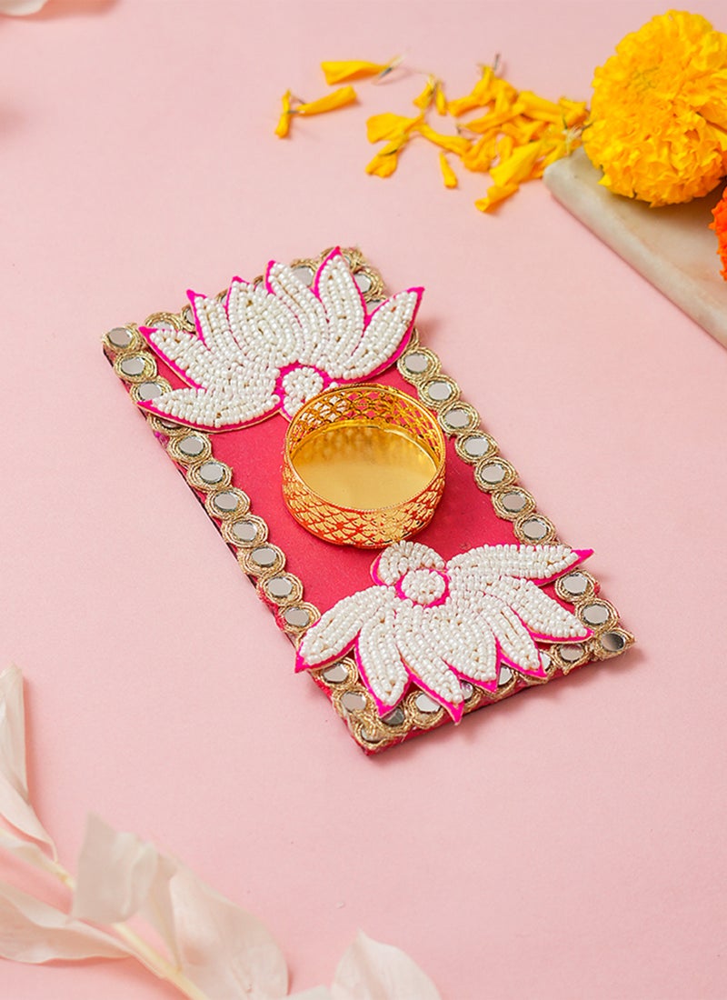 Madhoor Tealight Holder Lotus Mirror Decorative Rangoli Design Pink for Diwali, Pooja & Festive Floor Decor, 1 Piece - Image 1