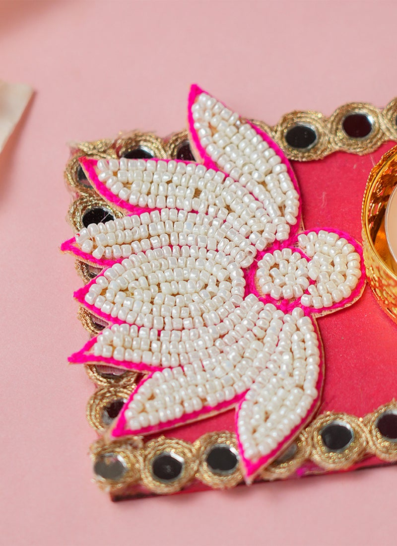 Madhoor Tealight Holder Lotus Mirror Decorative Rangoli Design Pink for Diwali, Pooja & Festive Floor Decor, 1 Piece - Image 3