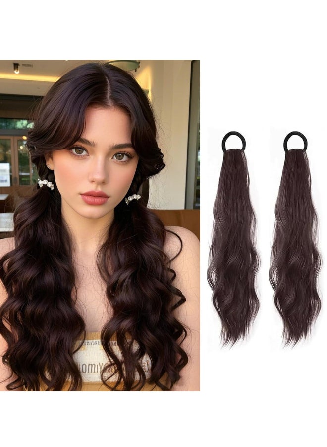 WZNBBOY 2PCS Curly Ponytail Extension with Elastic Tie 17 Inch Resistant Synthetic Natural Wavy Hairpiece Pony Tail Hair Extensions Wave Fake Ponytail Hairpieces for Women Daily WearBrown - Image 2