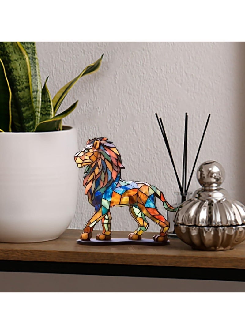 SYOSI Stained Glass Animals Desktop Ornament, Metal Double Sided Lion Statue, Retro Desktop Decoration, Acrylic Lion Desktop Ornament, Imitation Glass Art Tabletop Decor - Image 4