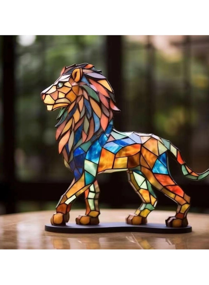 SYOSI Stained Glass Animals Desktop Ornament, Metal Double Sided Lion Statue, Retro Desktop Decoration, Acrylic Lion Desktop Ornament, Imitation Glass Art Tabletop Decor - Image 2