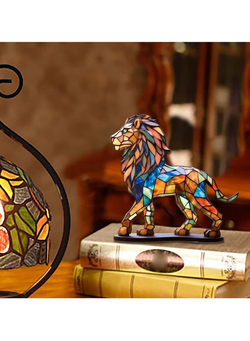 SYOSI Stained Glass Animals Desktop Ornament, Metal Double Sided Lion Statue, Retro Desktop Decoration, Acrylic Lion Desktop Ornament, Imitation Glass Art Tabletop Decor - Image 3