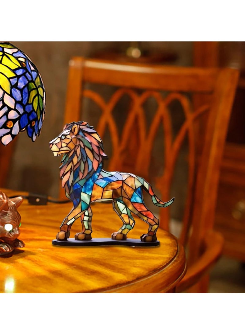 SYOSI Stained Glass Animals Desktop Ornament, Metal Double Sided Lion Statue, Retro Desktop Decoration, Acrylic Lion Desktop Ornament, Imitation Glass Art Tabletop Decor - Image 5