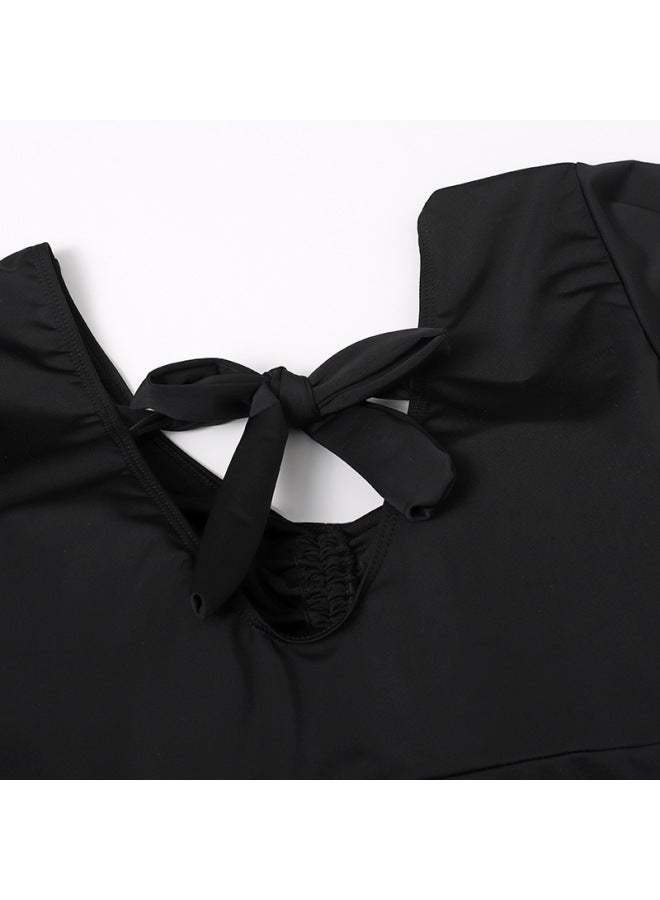 2024 Swimsuit Women's Chubby Girl Covering Belly Conservatively Conservative Boxer Skirt Plus Fertilizer Plus Plus Pure Black Hot Spring Swimwear-Color:Black-
