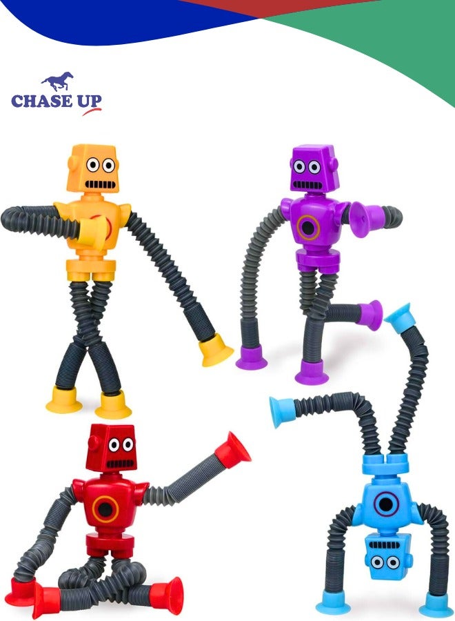 Chase Up Pop Tubes Robot Fidget Toys (4 Pack), Telescopic Suction Cup Robotics Toy, Toddler Fine Motor Skills & Creative Learning, Autism Sensory Toys for Kids Age 3-6, Party Favors Boy Girl Gifts - Image 1