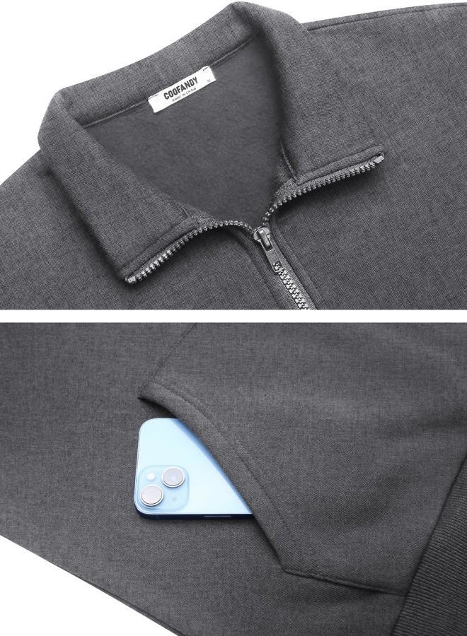 COOFANDY Mens Quarter Zip Pullover Fleece Lined Sweatshirts Long Sleeve Mock Neck Sweater with Pocket, Grey, L - Image 4