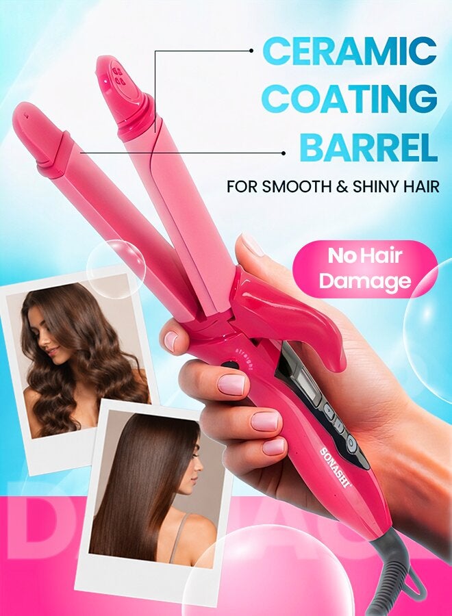 SONASHI 2in1 Hair Curler And Straightener with Ceramic Coated Barrel  LED Display  360 Swivel Cord  On And Off Switch  Hair Styling Tool  Curler Straightener with Power 45W  300grams SHC-3005 Pink 300grams - Image 2