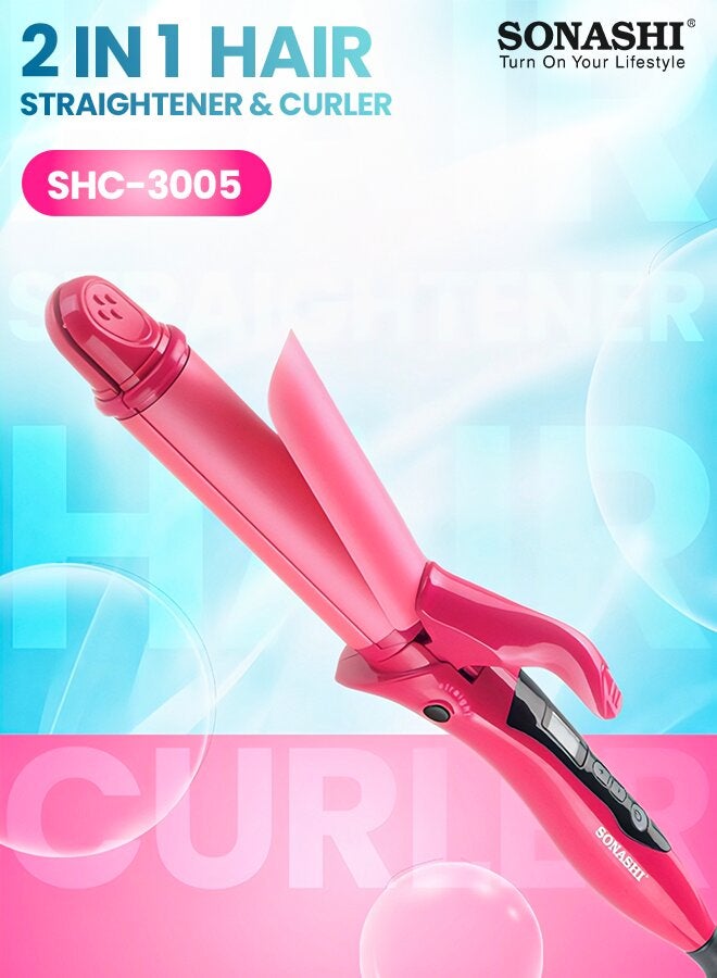 SONASHI 2in1 Hair Curler And Straightener with Ceramic Coated Barrel  LED Display  360 Swivel Cord  On And Off Switch  Hair Styling Tool  Curler Straightener with Power 45W  300grams SHC-3005 Pink 300grams - Image 1