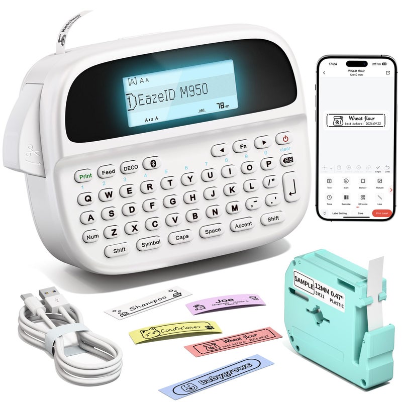 EazeID Label Maker Machine with-Tape, Rechargeable Label Maker Waterproof-Labels, Bluetooth Portable Labeler Handheld, Backlit & QWERTY Keyboard, M950 for Home Kitchen Office Classroom Kids Teachers Gifts - Image 1