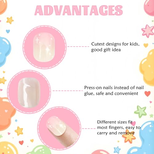 Laza 72pcs Children Nails Press On Pre-glue Full Cover Silver Glitter Stars Pink Heart Short Ombre False Nail Kits for Kids Teenager Girls - Sparkling Sweety - Image 4