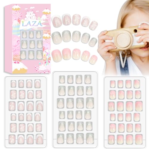 Laza 72pcs Children Nails Press On Pre-glue Full Cover Silver Glitter Stars Pink Heart Short Ombre False Nail Kits for Kids Teenager Girls - Sparkling Sweety - Image 1