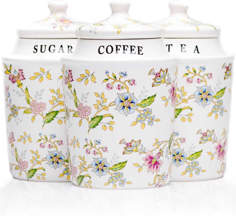 25DOL Coffee Tea Sugar Canister Set with Airtight Lids - Elegant Flower Kitchen Canisters Set of 3 Pantry Jars Containers - Decorative Ceramic Canister Set for Countertop or Coffee Bar - 13.5 Ounce … - Image 1