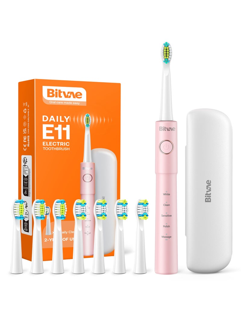 Bitvae Ultrasonic Electric Toothbrush - Rechargeable Sonic Electric Toothbrush for Adults and Kids, Power Toothbrush, 8 Brush Heads, Smart Timer, Fast Charge, Pink - Image 1