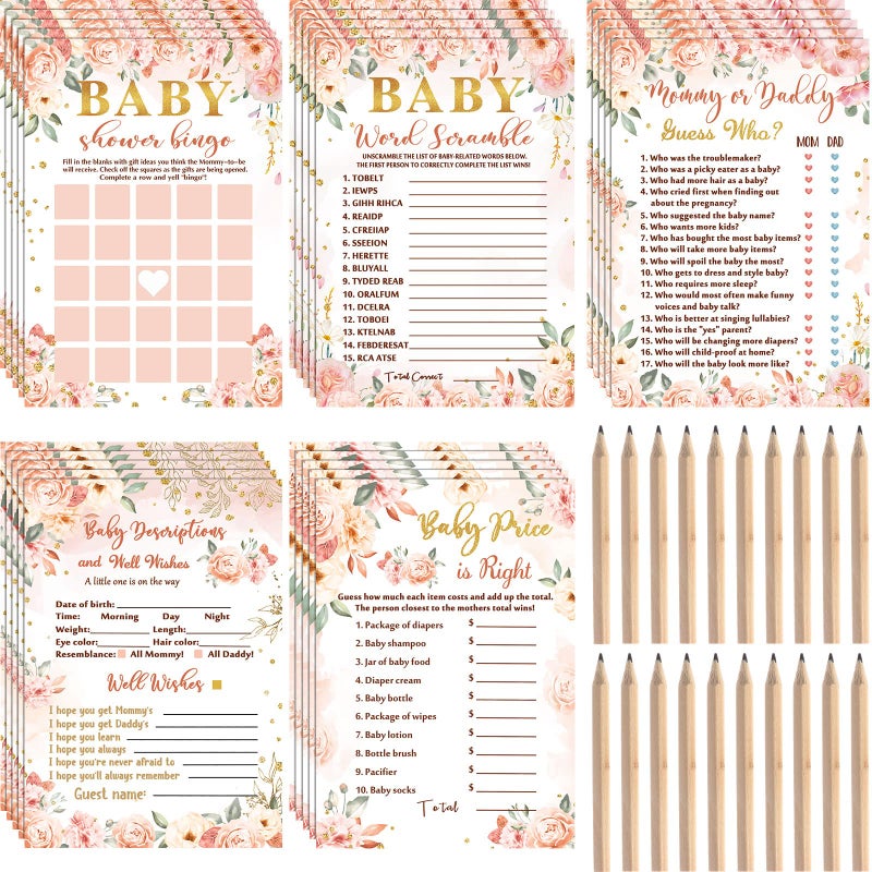 Spakon 125 Pcs Floral Baby Shower Games for Girls Set of 5 Baby Shower Bingo Activities Floral Cards with 20 Pencils Includes Flower Mommy or Daddy Guess Who Description Word Scramble Game