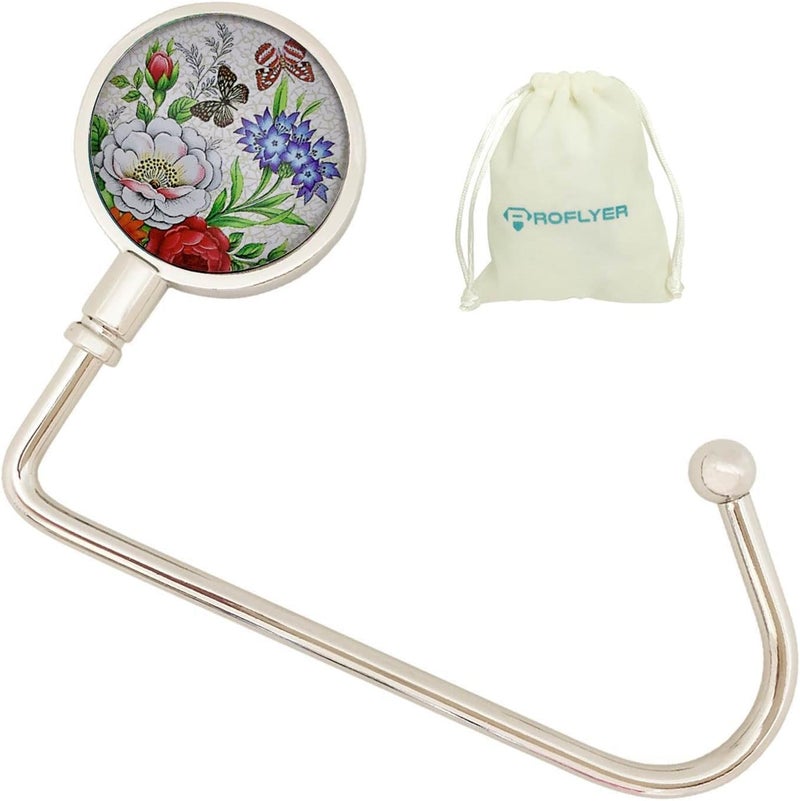 ROFLYER Purse Hook Hanger for Table Bar Long Handbag Hanger Bag Hanger with Velvet Pouch (Butterfly Flowers) - Image 1