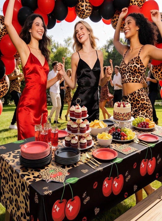 Moukeren 2 Pcs Cheetah and Cherry Print Tablecloth Plastic Red and Black Leopard Cherry Party Decorations Disposable Table Covers for Birthday Baby Bridal Shower Bachelorette Party 54 x 108 Inch - Image 4