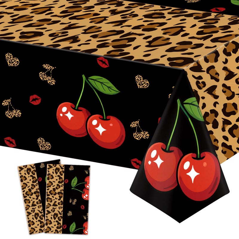 Moukeren 2 Pcs Cheetah and Cherry Print Tablecloth Plastic Red and Black Leopard Cherry Party Decorations Disposable Table Covers for Birthday Baby Bridal Shower Bachelorette Party 54 x 108 Inch - Image 1