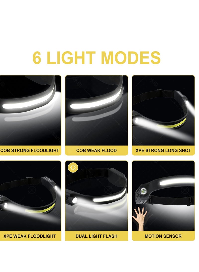 ساكن مصباح رأس يدوي، مجموعتان من 6 أوضاع، مستشعر حركة، مصباح أمامي بزاوية 260 درجة، مصباح أمامي LED قابل لإعادة الشحن، مقاوم للماء IPX4، مصباح يدوي بدون استخدام اليدين، هدية للبالغين والأطفال للتخييم والجري وصيد الأسماك وركوب الدراجات - Image 3
