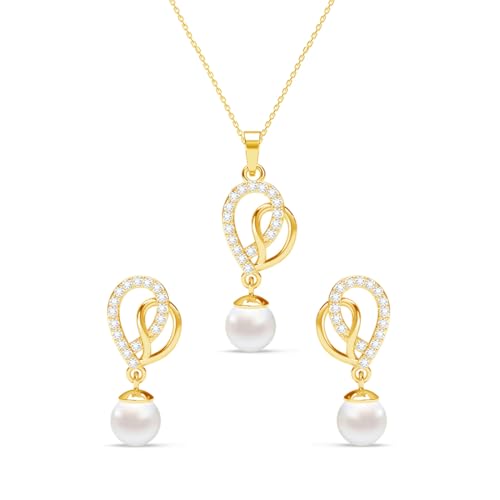 Clara 925 Sterling Silver Zahab Pearl Interlocked Pendant Earrings Chain Necklace Jewellery Set | Gold Plated, Swiss Zirconia |Gift for Women and Girls - Image 1