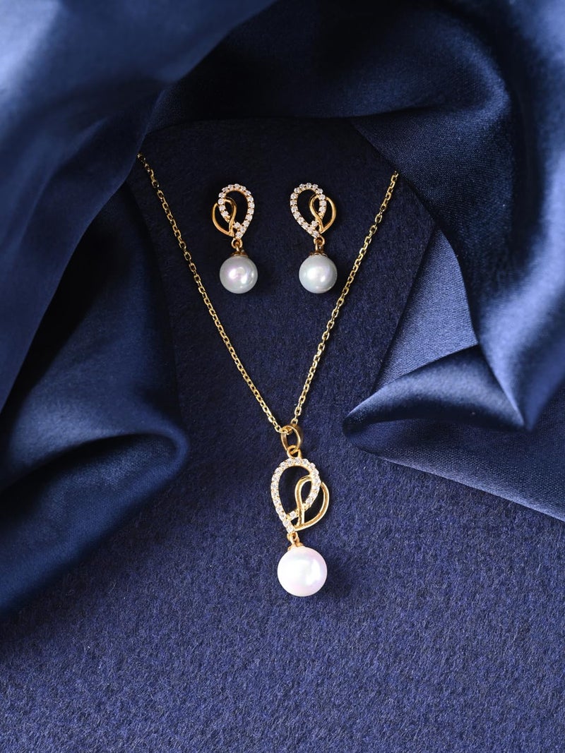 Clara 925 Sterling Silver Zahab Pearl Interlocked Pendant Earrings Chain Necklace Jewellery Set | Gold Plated, Swiss Zirconia |Gift for Women and Girls - Image 2
