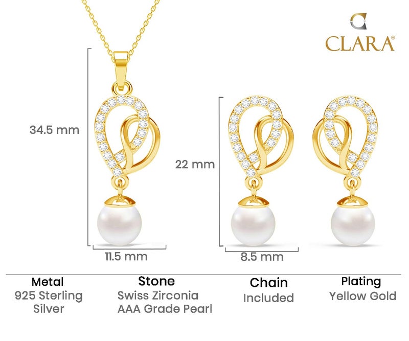 Clara 925 Sterling Silver Zahab Pearl Interlocked Pendant Earrings Chain Necklace Jewellery Set | Gold Plated, Swiss Zirconia |Gift for Women and Girls - Image 5