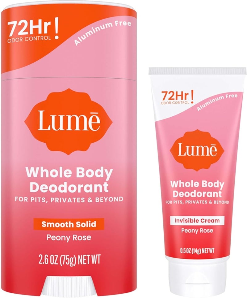 Lume Whole Body Deodorant - Invisible Mini Cream Tube + Solid Bar Pack - 72 Hour Odor Control - Aluminum & Baking Soda Free, Skin Lover (Peony Rose)