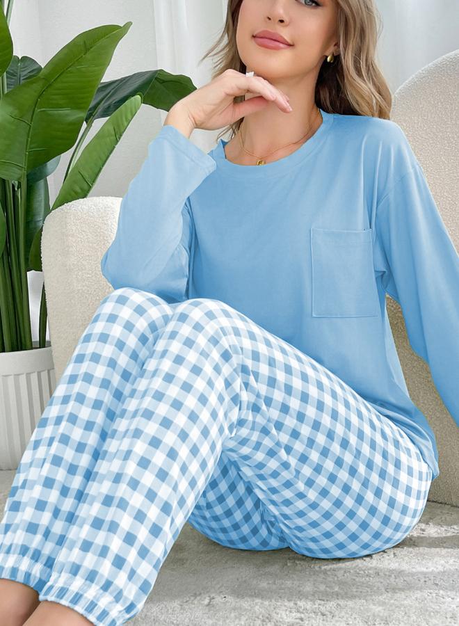 Take Two Blue Plain T-Shirt and Checked Pyjama Set - Image 5