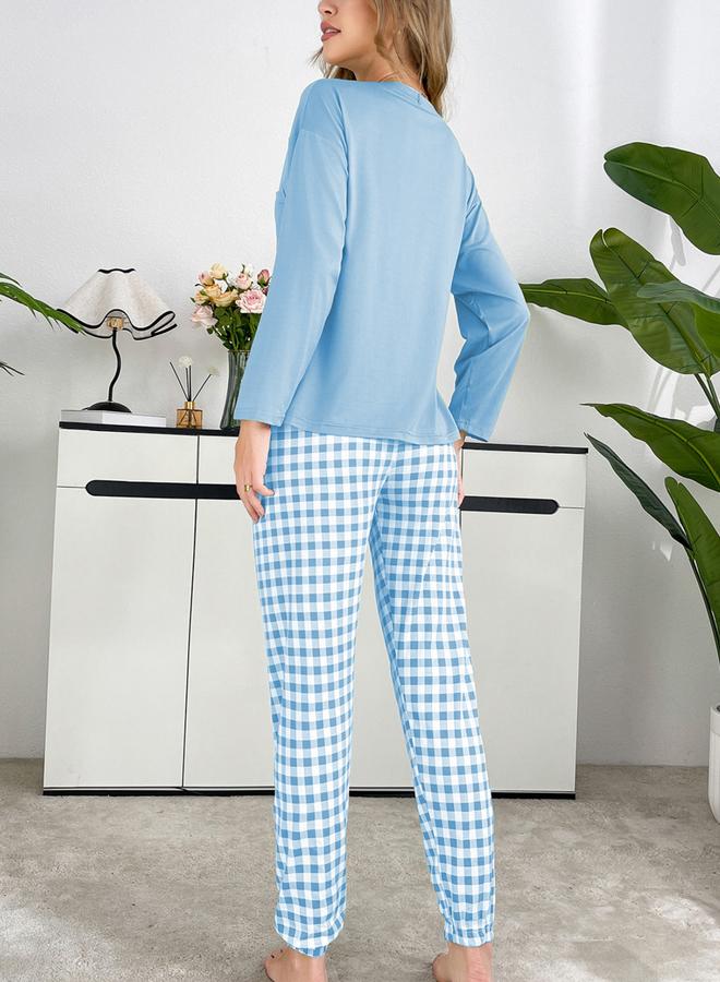 Take Two Blue Plain T-Shirt and Checked Pyjama Set - Image 2