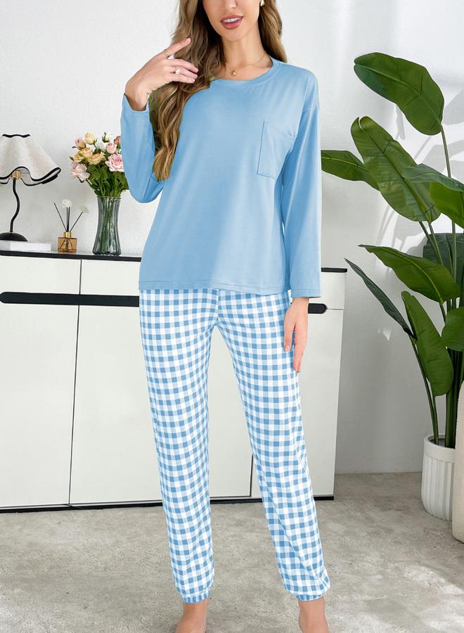 Take Two Blue Plain T-Shirt and Checked Pyjama Set - Image 3