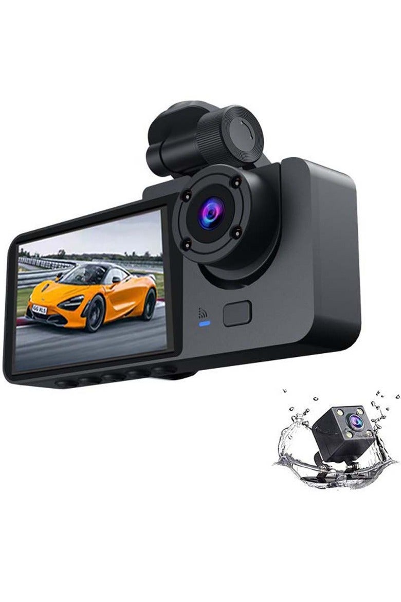 كاميرا سيارة واي فاي بعدسة ثلاثية بحجم 4 إنش – تصوير أمامي وخلفي وداخلي مع تحكم عبر التطبيق، رؤية ليلية ومراقبة أثناء الوقوف - Image 1