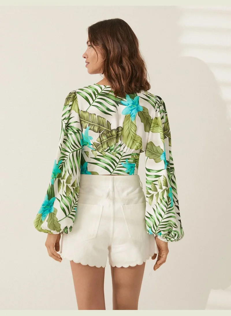 KOTON Melis Ağazat X Koton - Long Sleeve V Neck Patterned Blouse