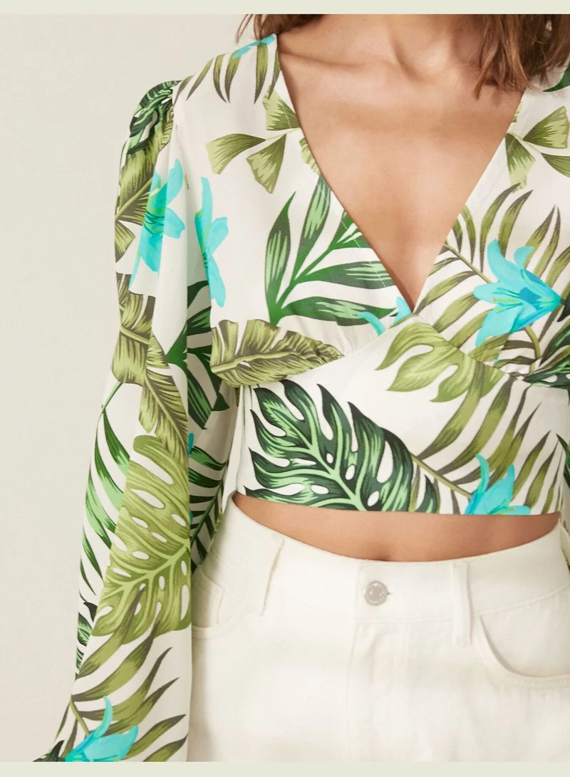 KOTON Melis Ağazat X Koton - Long Sleeve V Neck Patterned Blouse