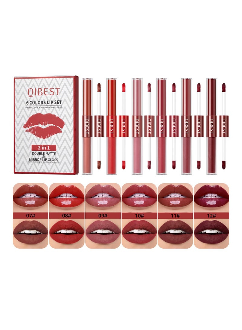 SYOSI Double Head Lip Gloss Set 6 Colors Matte Liquid Lipstick and Mirror 2 IN 1 Hydrated Velvet Nude Beauty Cosmetics Makeup Kit - Image 1