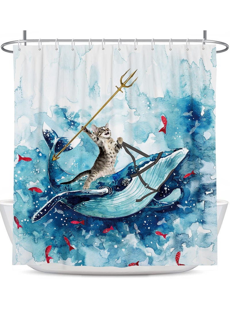 Excefore Funny Cat Shower Curtain, Riding Whale Ocean Cute Fun Cool Kids Anime Nautical Beach Theme Sea Wave Beach Fish Hilarious Bathroom 60 x 72 Inch Polyester Fabric Waterproof 12 Pack Hooks - Image 1