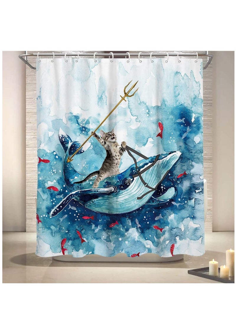 Excefore Funny Cat Shower Curtain, Riding Whale Ocean Cute Fun Cool Kids Anime Nautical Beach Theme Sea Wave Beach Fish Hilarious Bathroom 60 x 72 Inch Polyester Fabric Waterproof 12 Pack Hooks - Image 5