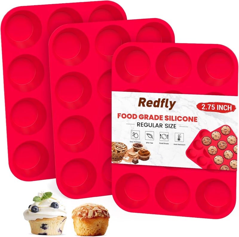 Redfly 3 Pack Silicone Muffin Pan & Cupcake Pans for Baking - 12 Cup Regular Size BPA Free Egg Bites Molds - Image 1