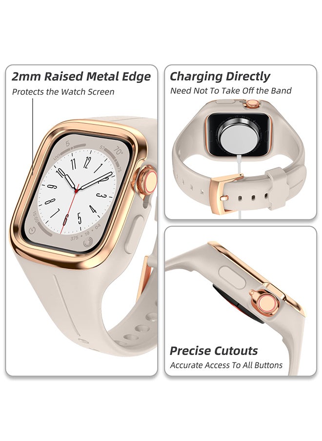 O Ozone - Silicone Sports Band For Apple Watch Series 10 9 8 7 6 5 4 SE, 38/40/41/42mm Soft Silicone Strap with Rugged Metal Edge Bumper Cover- Beige - Image 1