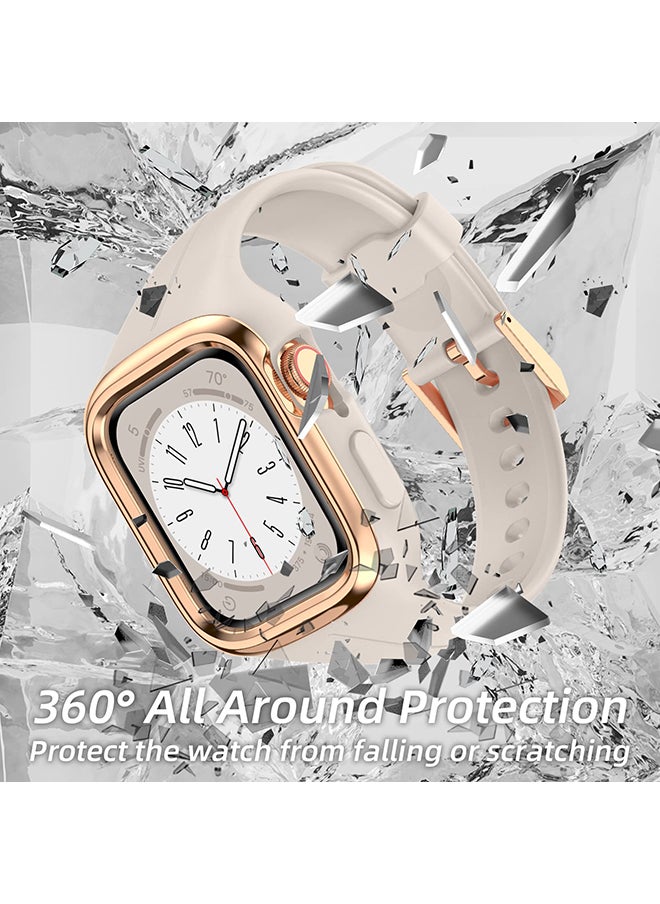 O Ozone - Silicone Sports Band For Apple Watch Series 10 9 8 7 6 5 4 SE, 38/40/41/42mm Soft Silicone Strap with Rugged Metal Edge Bumper Cover- Beige - Image 1
