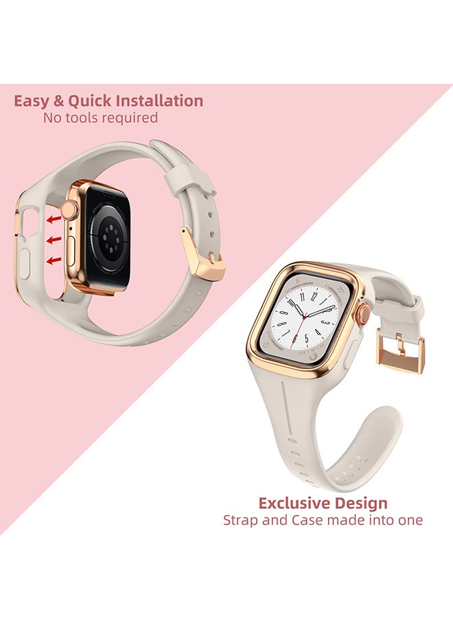 O Ozone - Silicone Sports Band For Apple Watch Series 10 9 8 7 6 5 4 SE, 38/40/41/42mm Soft Silicone Strap with Rugged Metal Edge Bumper Cover- Beige - Image 1